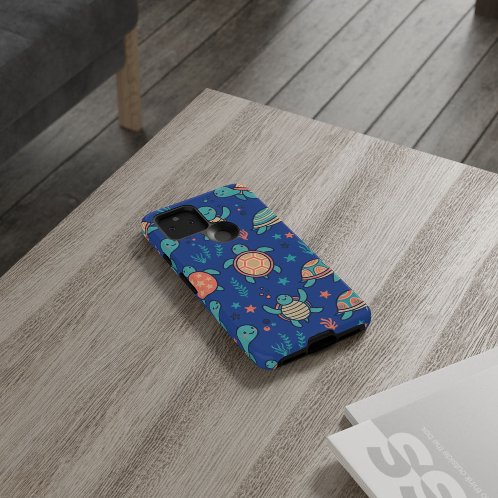 Cute Sea Turtle Phone Case — Protective Tough Case with Blue Ocean Pattern
