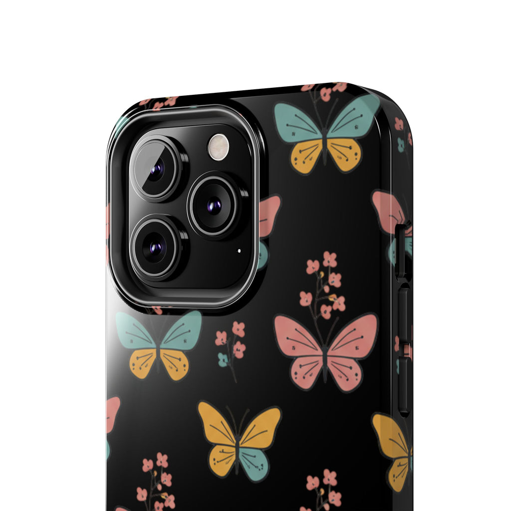 Butterfly Pattern Tough Phone Case — Pastel Butterflies on Black, Protective Floral Phone Cover