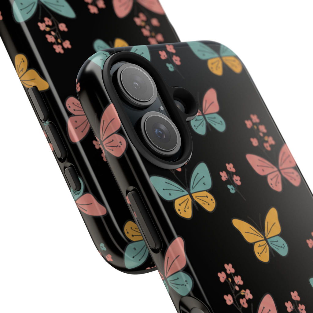 Butterfly Pattern Tough Phone Case — Pastel Butterflies on Black, Protective Floral Phone Cover