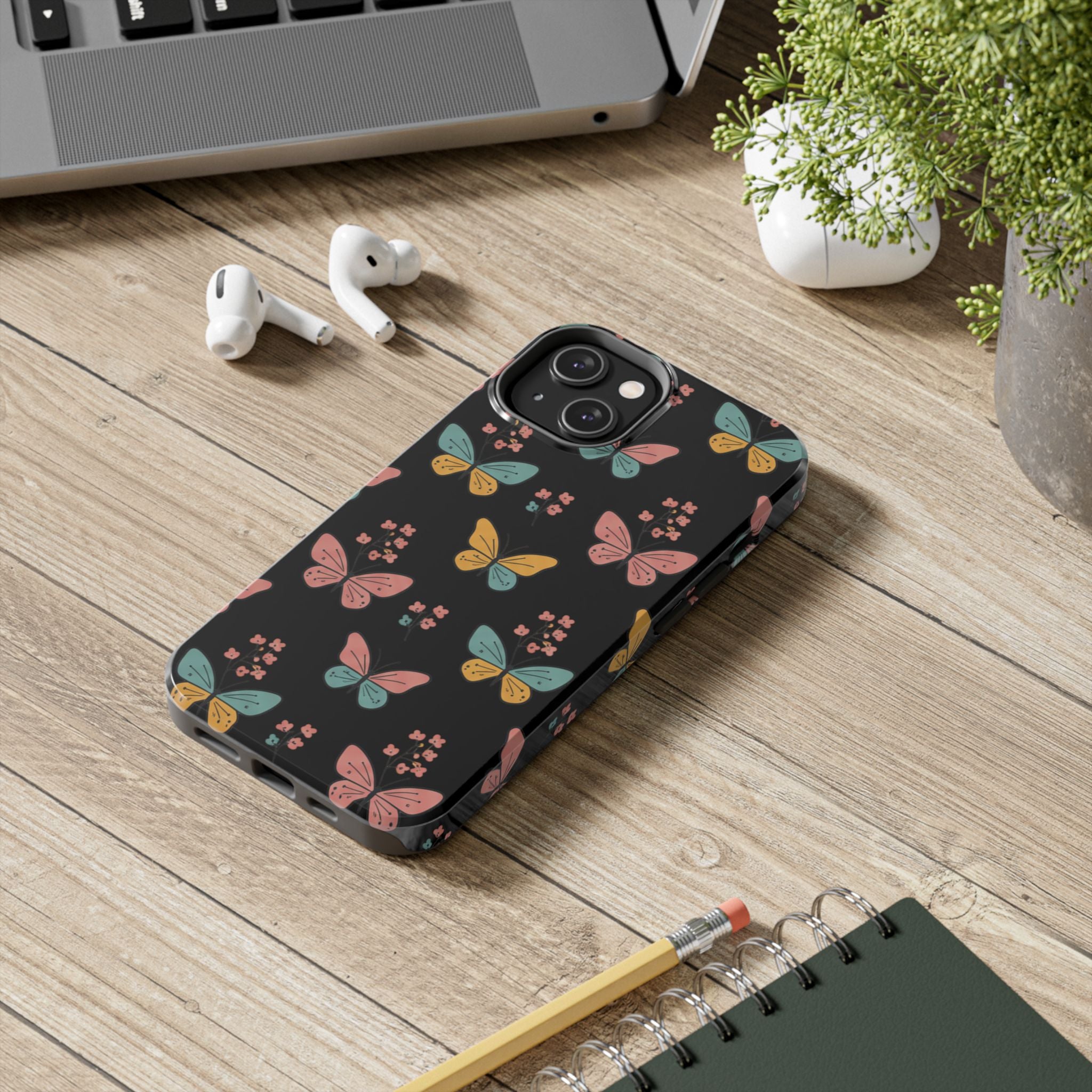 Butterfly Pattern Tough Phone Case — Pastel Butterflies on Black, Protective Floral Phone Cover