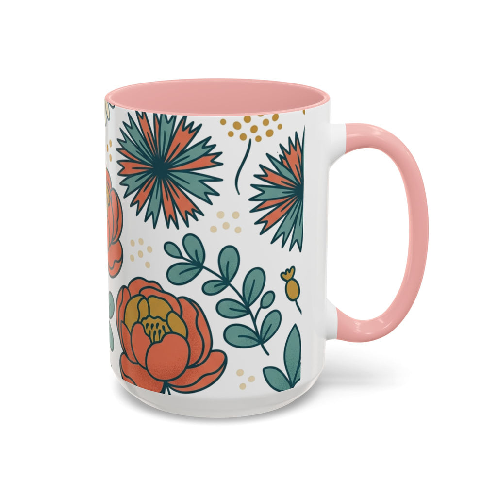 Floral Accent Coffee Mug — Orange Peony Pattern, 11/15oz
