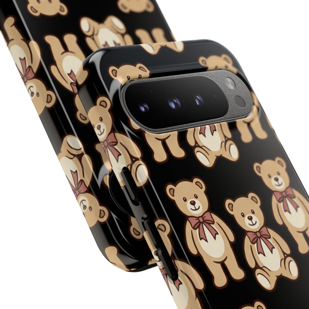 Teddy Bear Pattern Phone Case — Cute Vintage Ribbon Bears on Black
