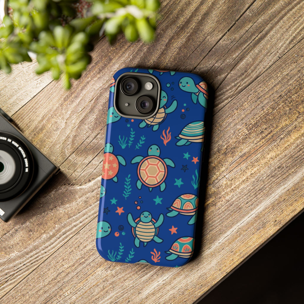 Cute Sea Turtle Phone Case — Protective Tough Case with Blue Ocean Pattern