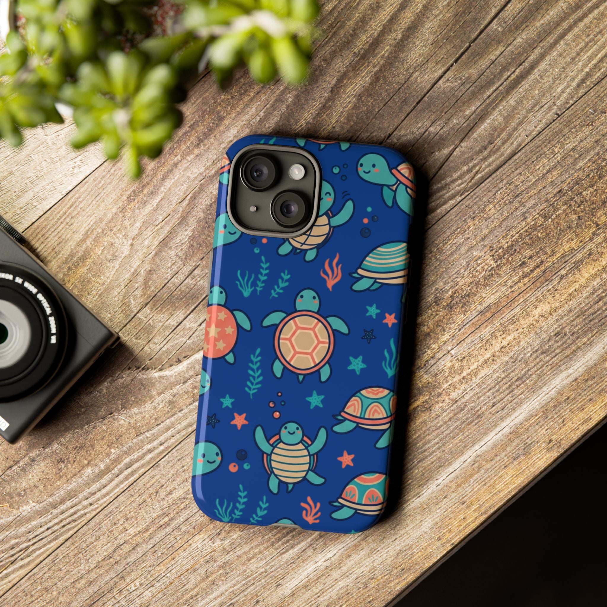 Cute Sea Turtle Phone Case — Protective Tough Case with Blue Ocean Pattern