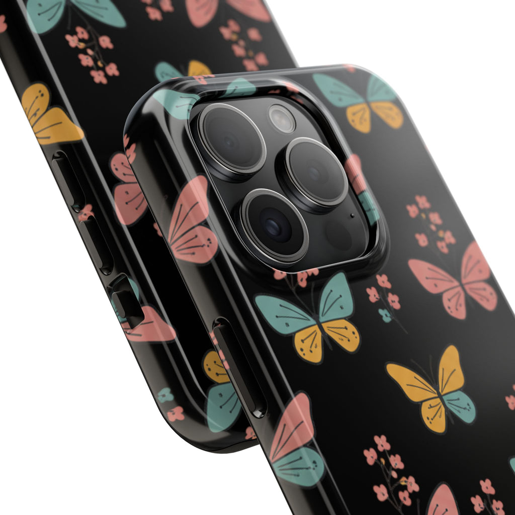 Butterfly Pattern Tough Phone Case — Pastel Butterflies on Black, Protective Floral Phone Cover