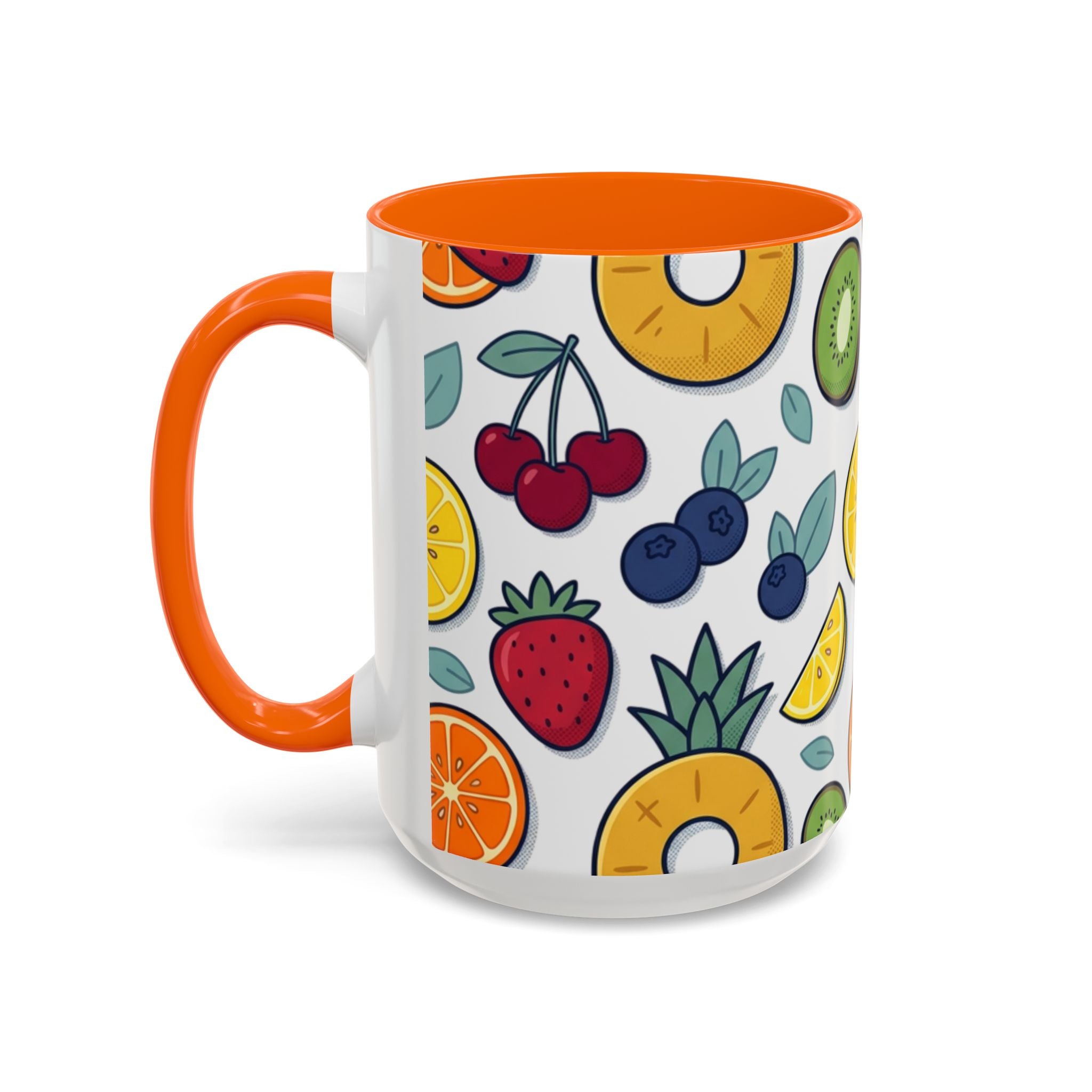Fruit Pattern Accent Coffee Mug — Colorful Tropical Fruit Ceramic Mug (11/15oz)