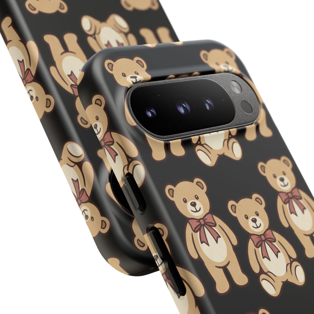 Teddy Bear Pattern Phone Case — Cute Vintage Ribbon Bears on Black