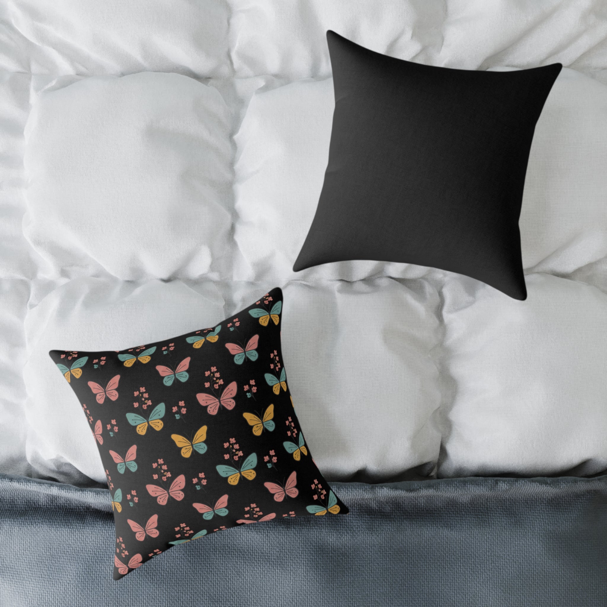 Butterfly Pattern Square Throw Pillow — Colorful Butterflies on Black Decorative Cushion