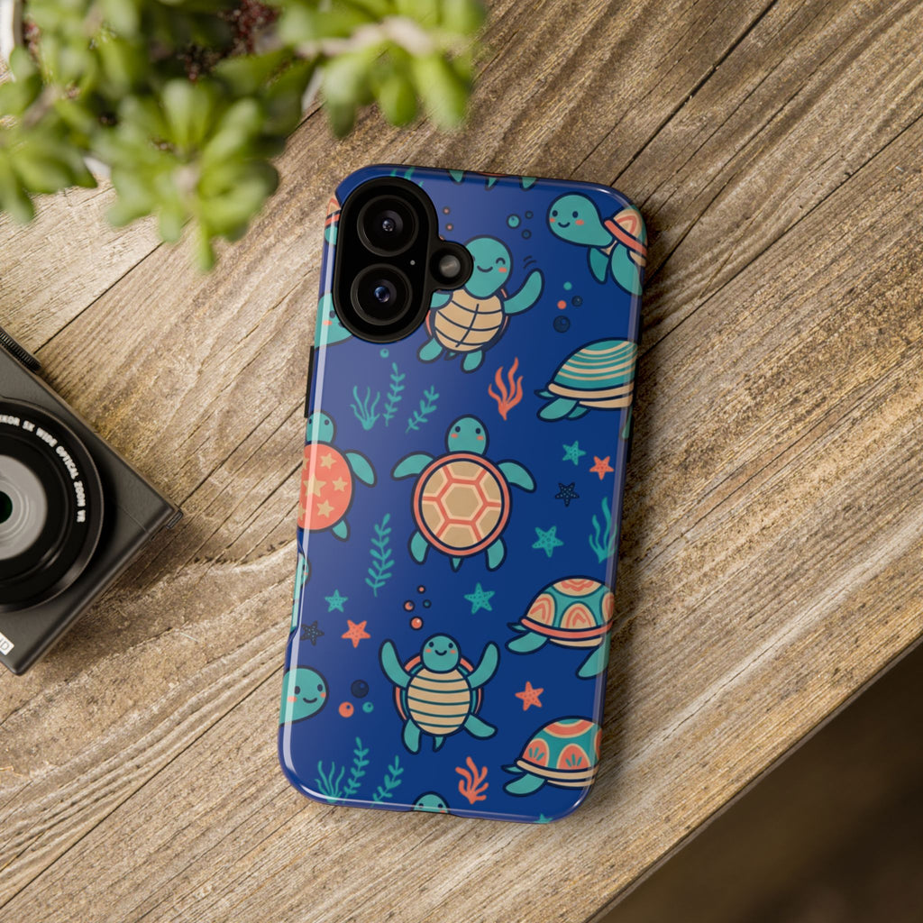 Cute Sea Turtle Phone Case — Protective Tough Case with Blue Ocean Pattern