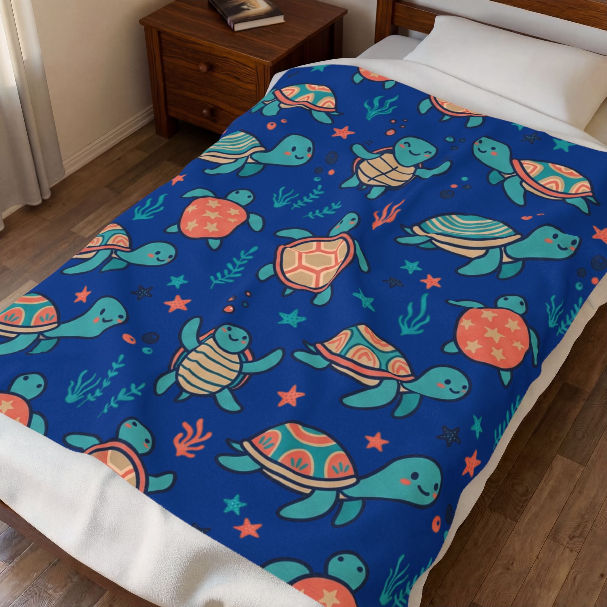 Sea Turtle Velveteen Plush Blanket — Cute Nautical Kids Throw