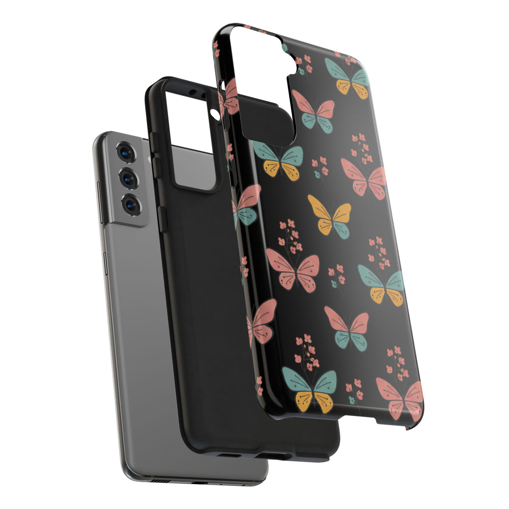 Butterfly Pattern Tough Phone Case — Pastel Butterflies on Black, Protective Floral Phone Cover