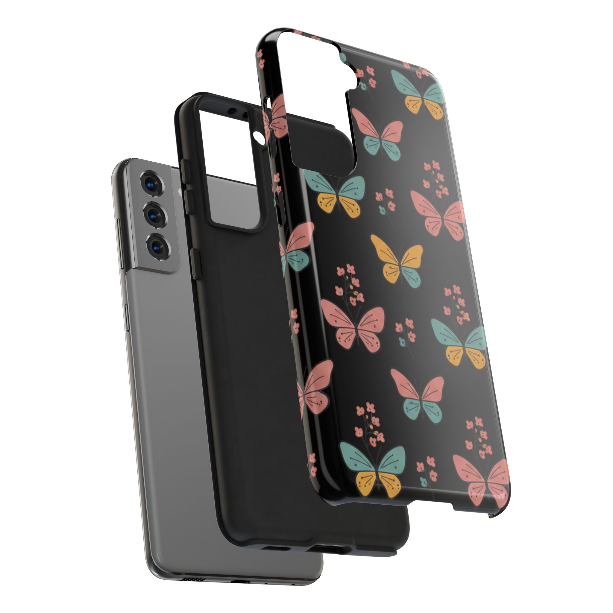 Butterfly Pattern Tough Phone Case — Pastel Butterflies on Black, Protective Floral Phone Cover