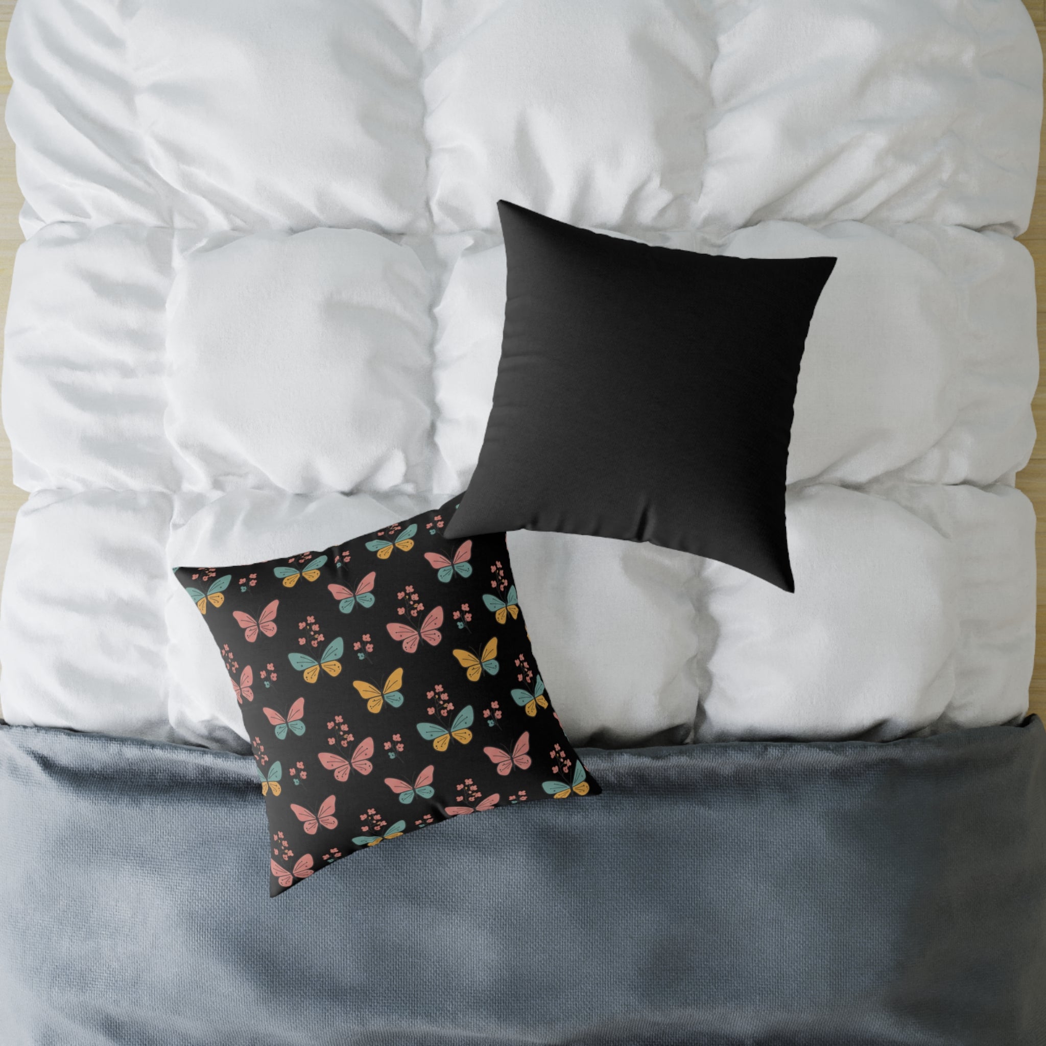 Butterfly Pattern Square Throw Pillow — Colorful Butterflies on Black Decorative Cushion
