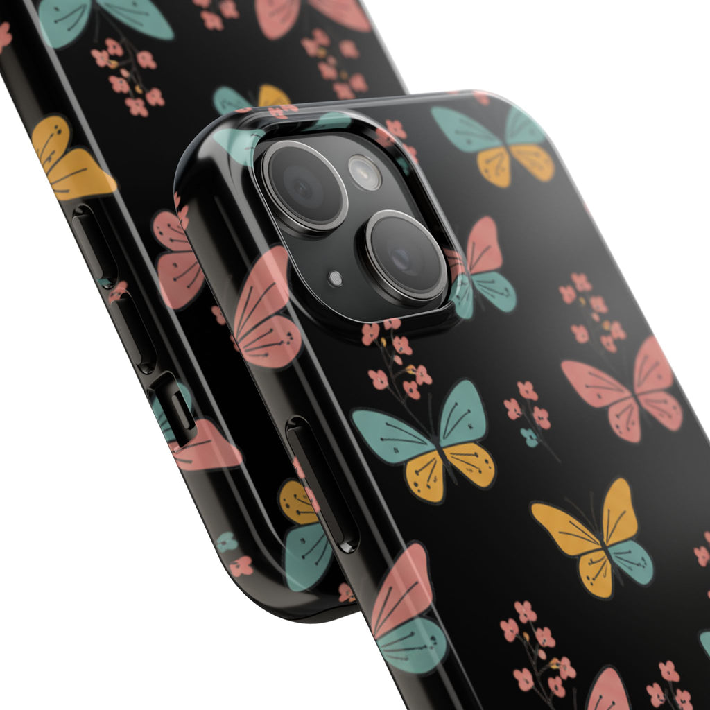 Butterfly Pattern Tough Phone Case — Pastel Butterflies on Black, Protective Floral Phone Cover