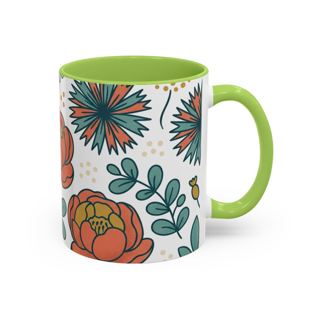 Floral Accent Coffee Mug — Orange Peony Pattern, 11/15oz