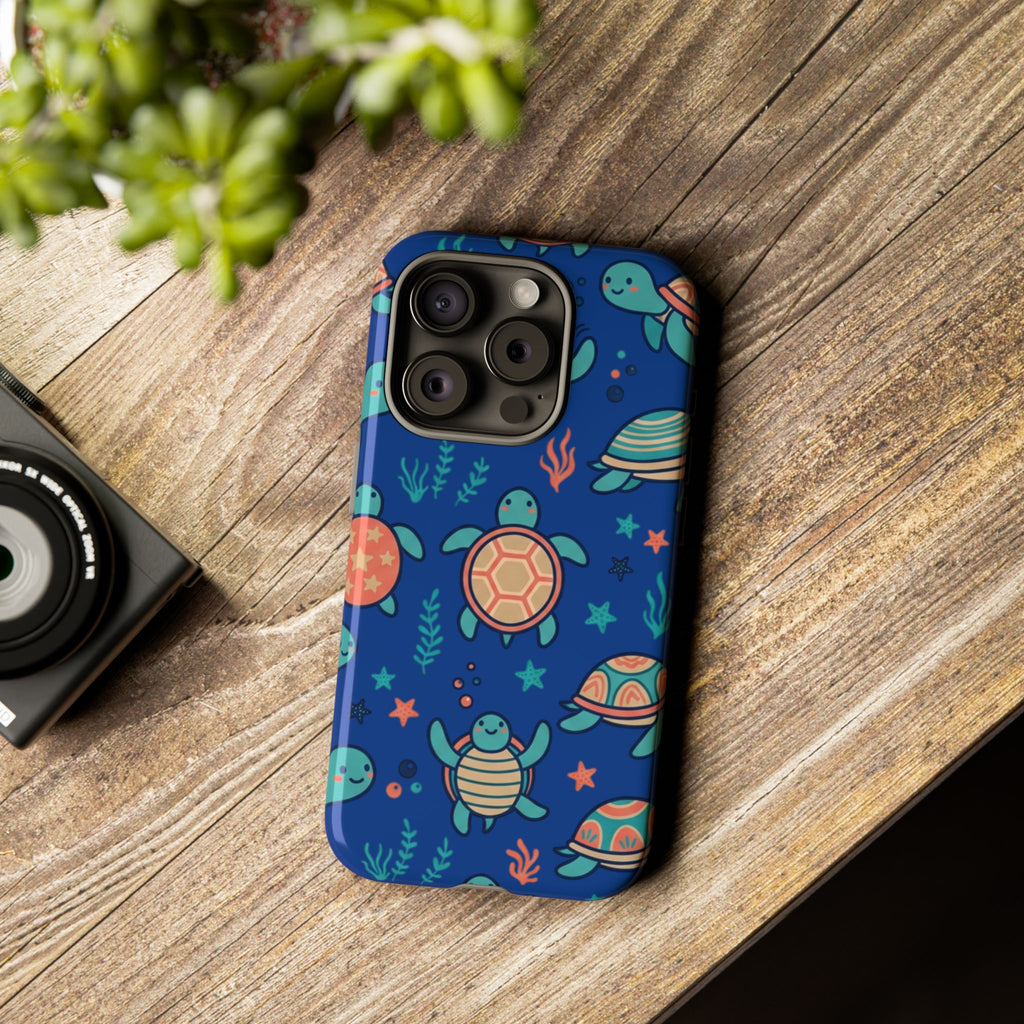 Cute Sea Turtle Phone Case — Protective Tough Case with Blue Ocean Pattern