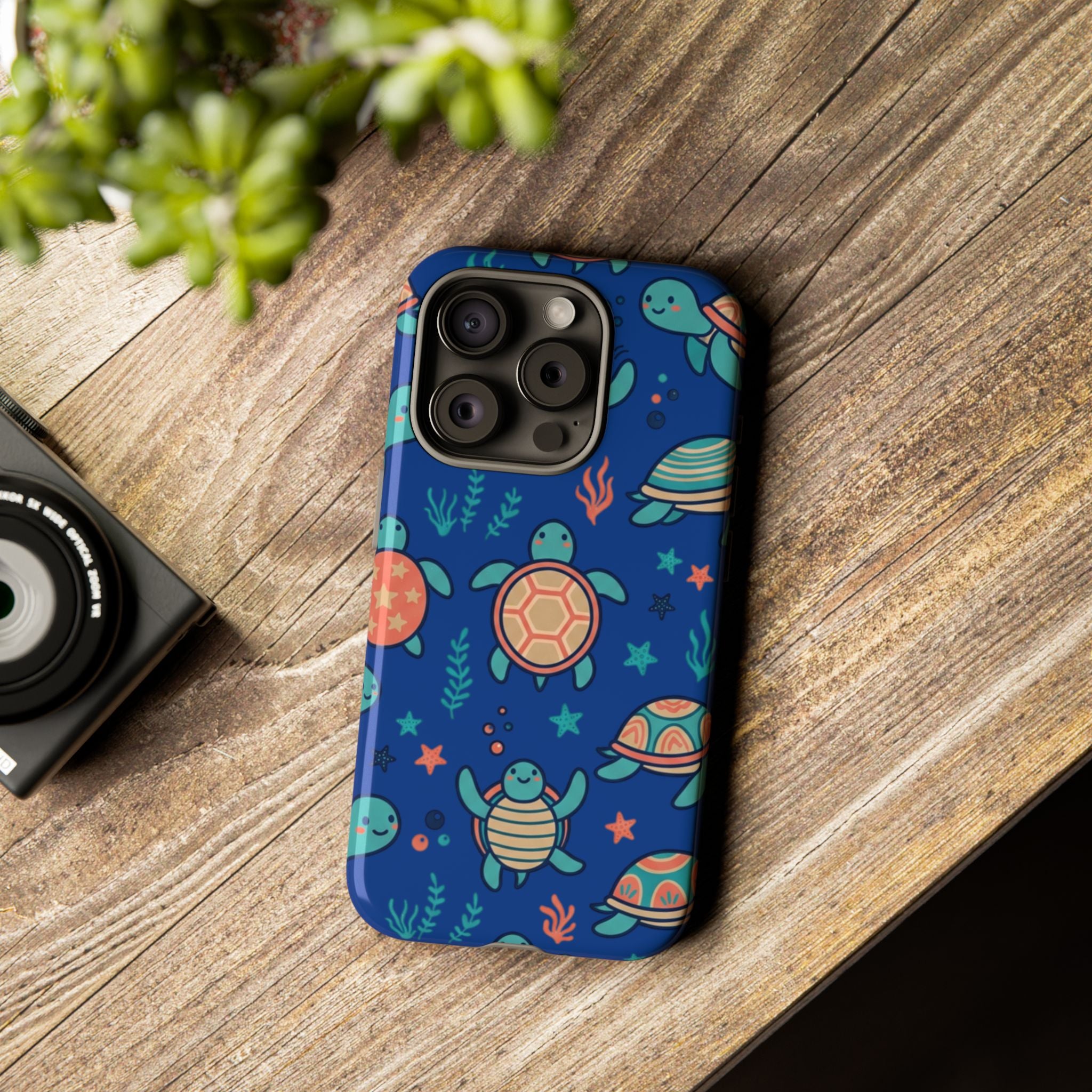 Cute Sea Turtle Phone Case — Protective Tough Case with Blue Ocean Pattern