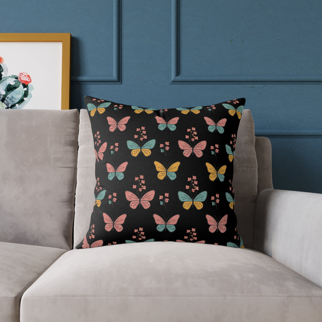 Butterfly Pattern Square Throw Pillow — Colorful Butterflies on Black Decorative Cushion