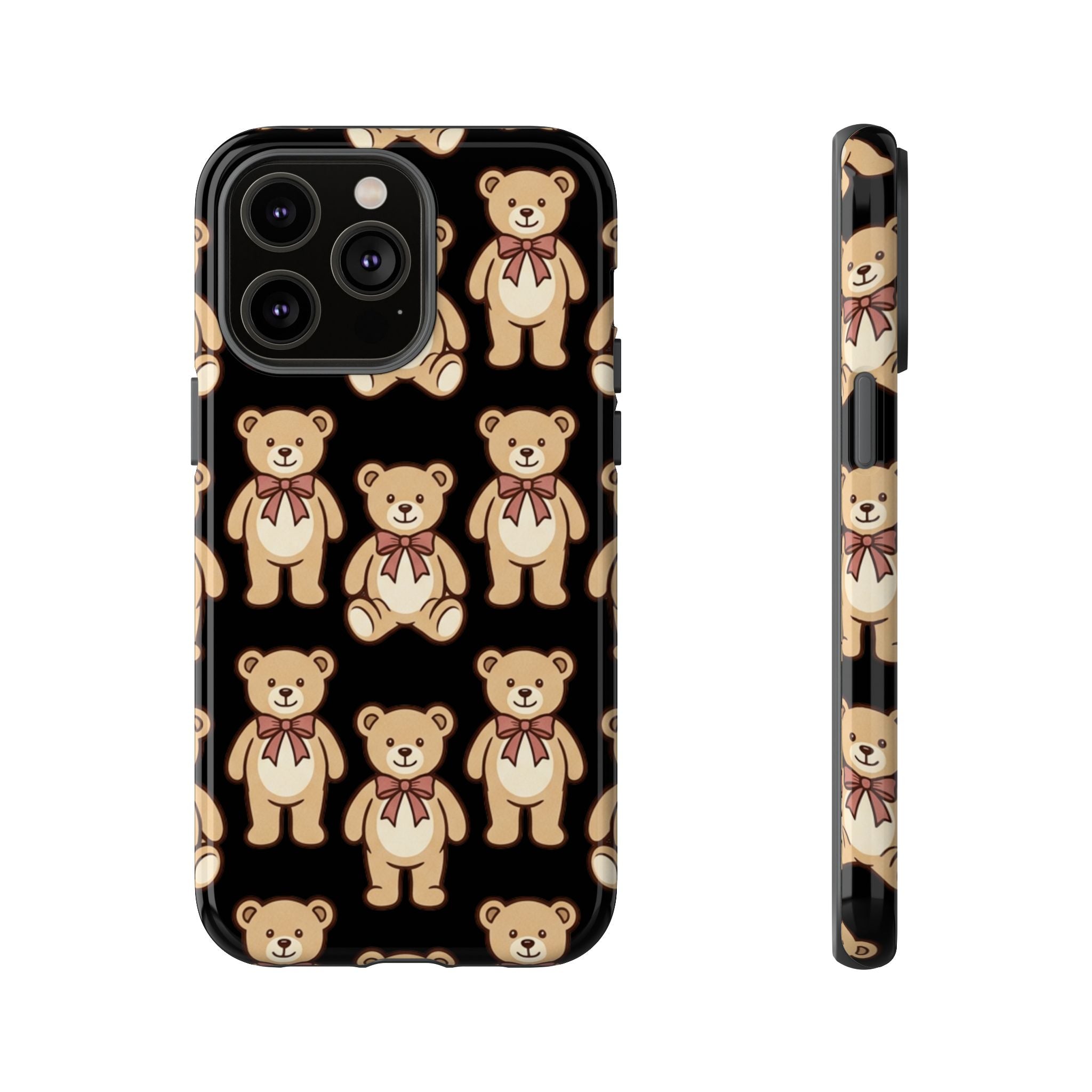 Teddy Bear Pattern Phone Case — Cute Vintage Ribbon Bears on Black