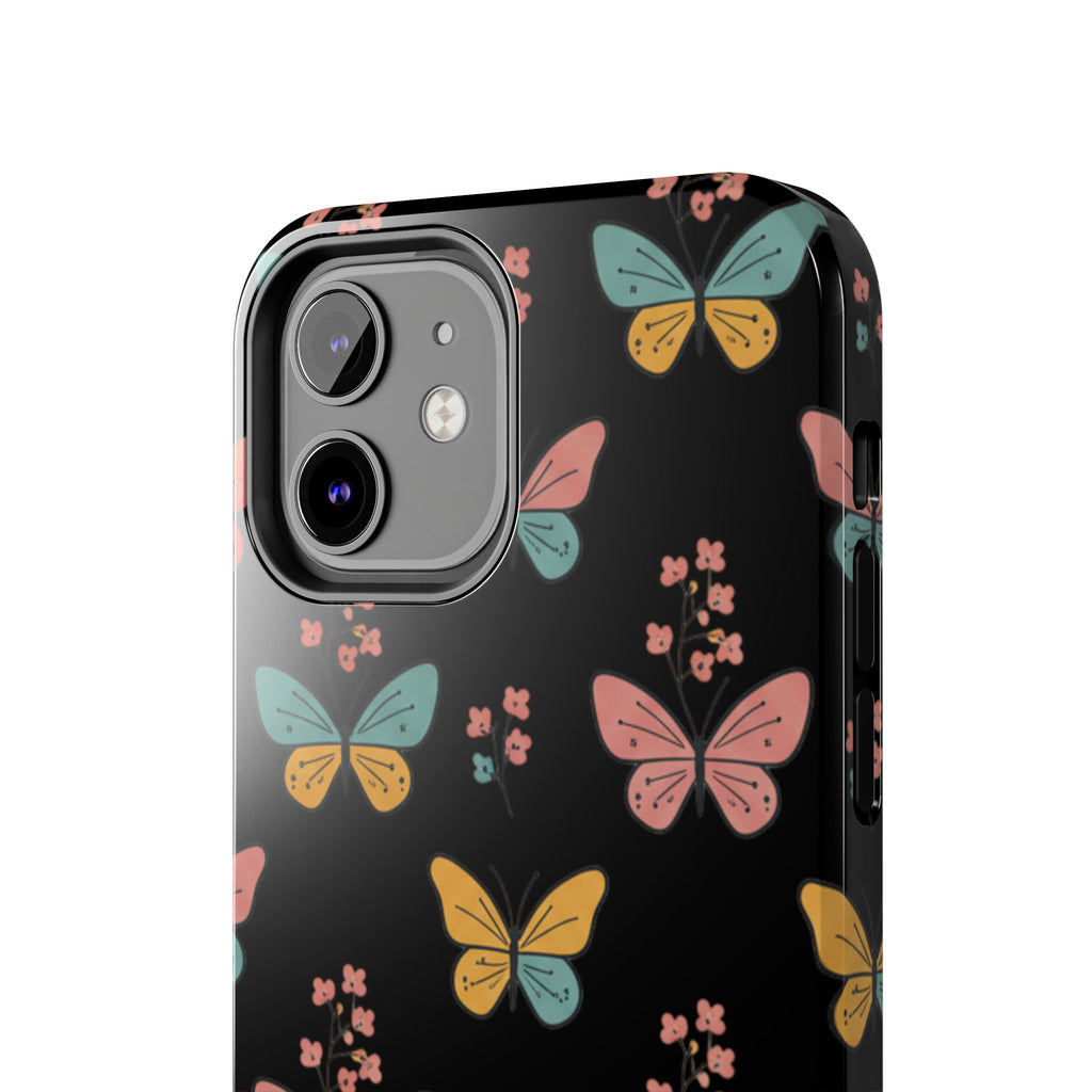 Butterfly Pattern Tough Phone Case — Pastel Butterflies on Black, Protective Floral Phone Cover