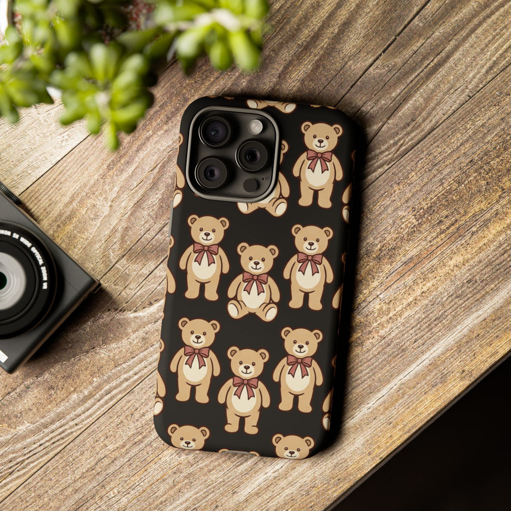 Teddy Bear Pattern Phone Case — Cute Vintage Ribbon Bears on Black
