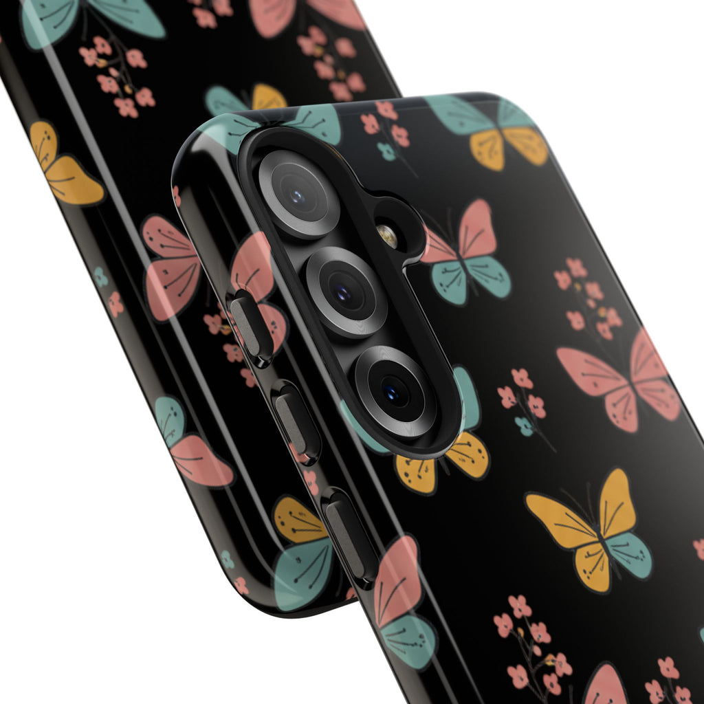 Butterfly Pattern Tough Phone Case — Pastel Butterflies on Black, Protective Floral Phone Cover