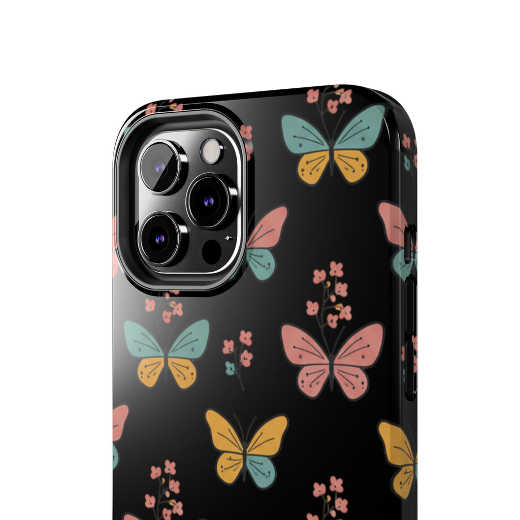 Butterfly Pattern Tough Phone Case — Pastel Butterflies on Black, Protective Floral Phone Cover