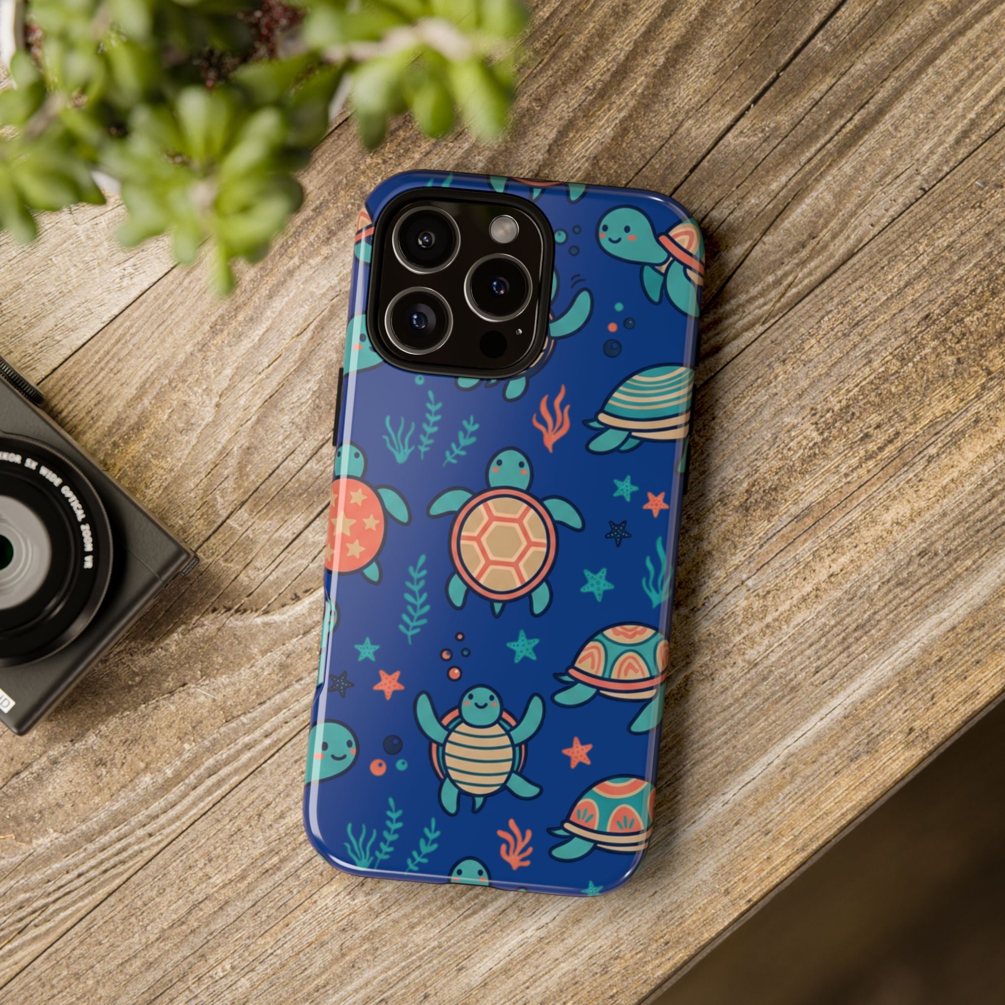 Cute Sea Turtle Phone Case — Protective Tough Case with Blue Ocean Pattern