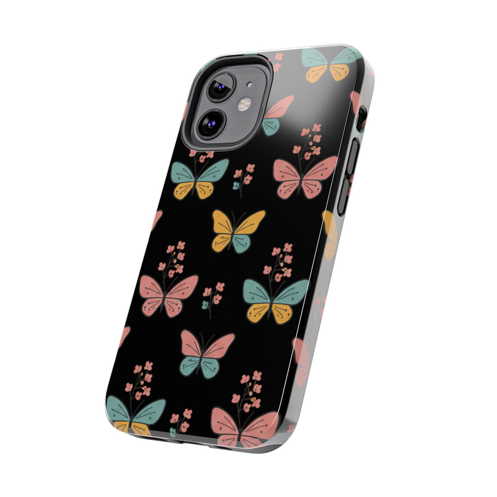 Butterfly Pattern Tough Phone Case — Pastel Butterflies on Black, Protective Floral Phone Cover