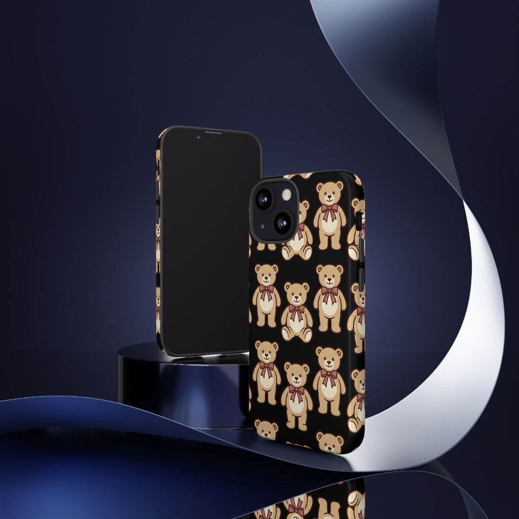 Teddy Bear Pattern Phone Case — Cute Vintage Ribbon Bears on Black