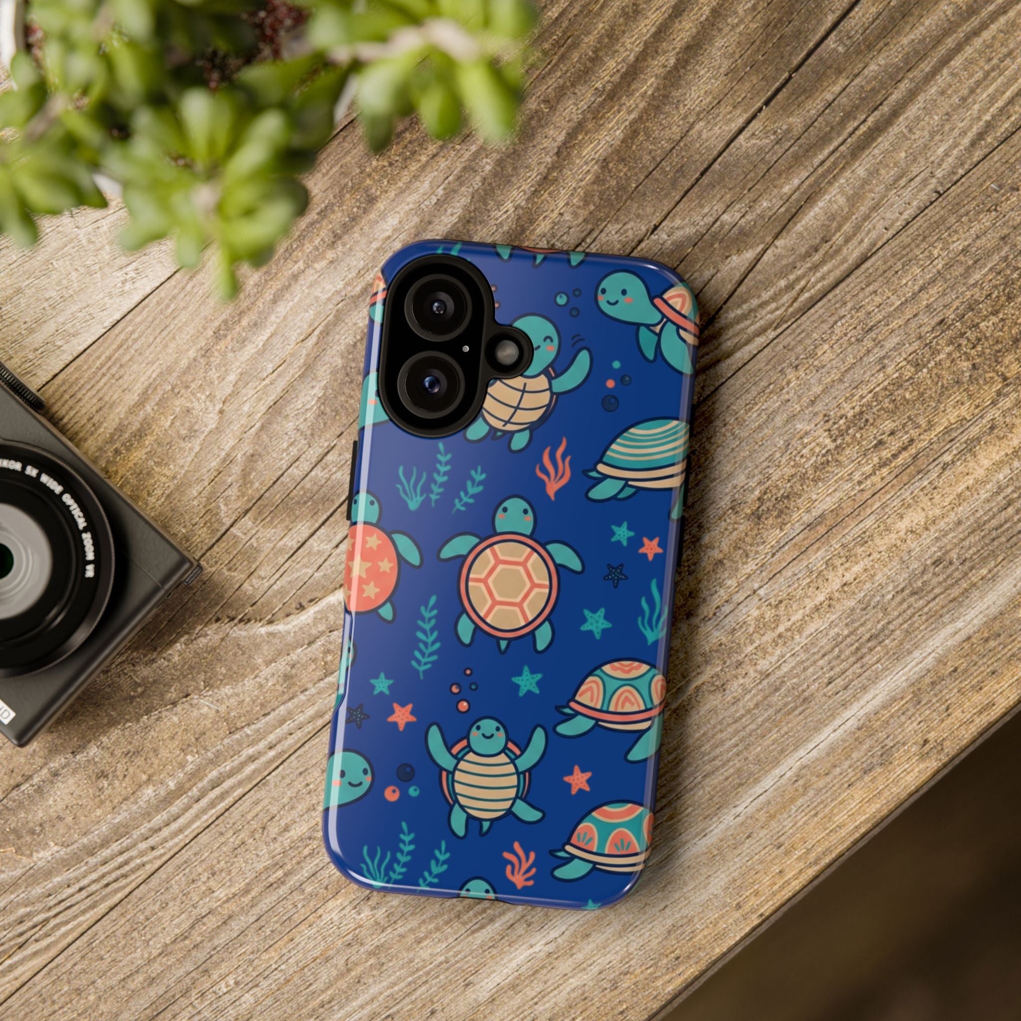 Cute Sea Turtle Phone Case — Protective Tough Case with Blue Ocean Pattern