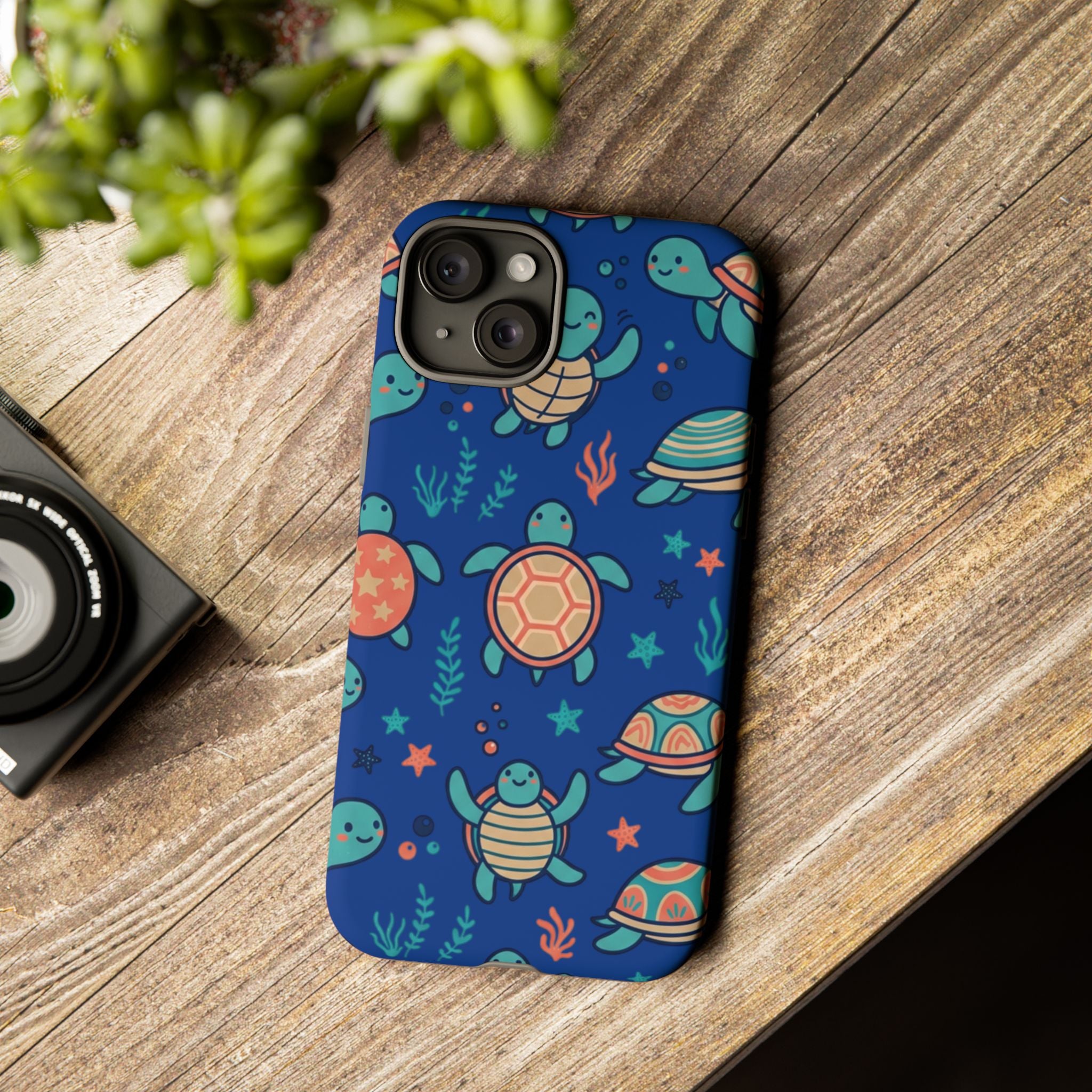 Cute Sea Turtle Phone Case — Protective Tough Case with Blue Ocean Pattern