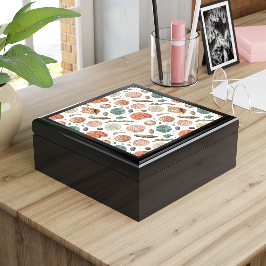 Seashell Pattern Jewelry Box — Coastal Beach Keepsake Box