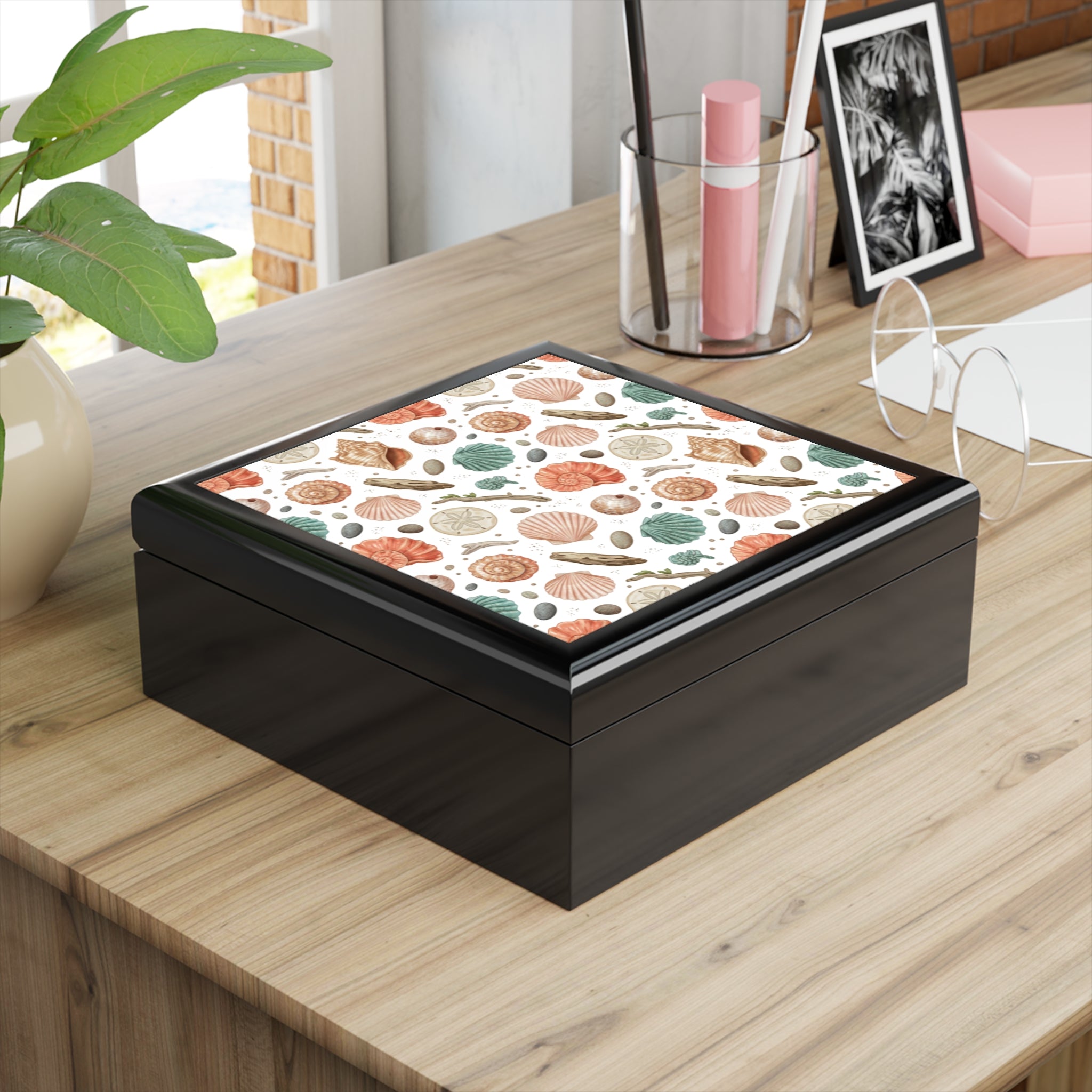 Seashell Pattern Jewelry Box — Coastal Beach Keepsake Box