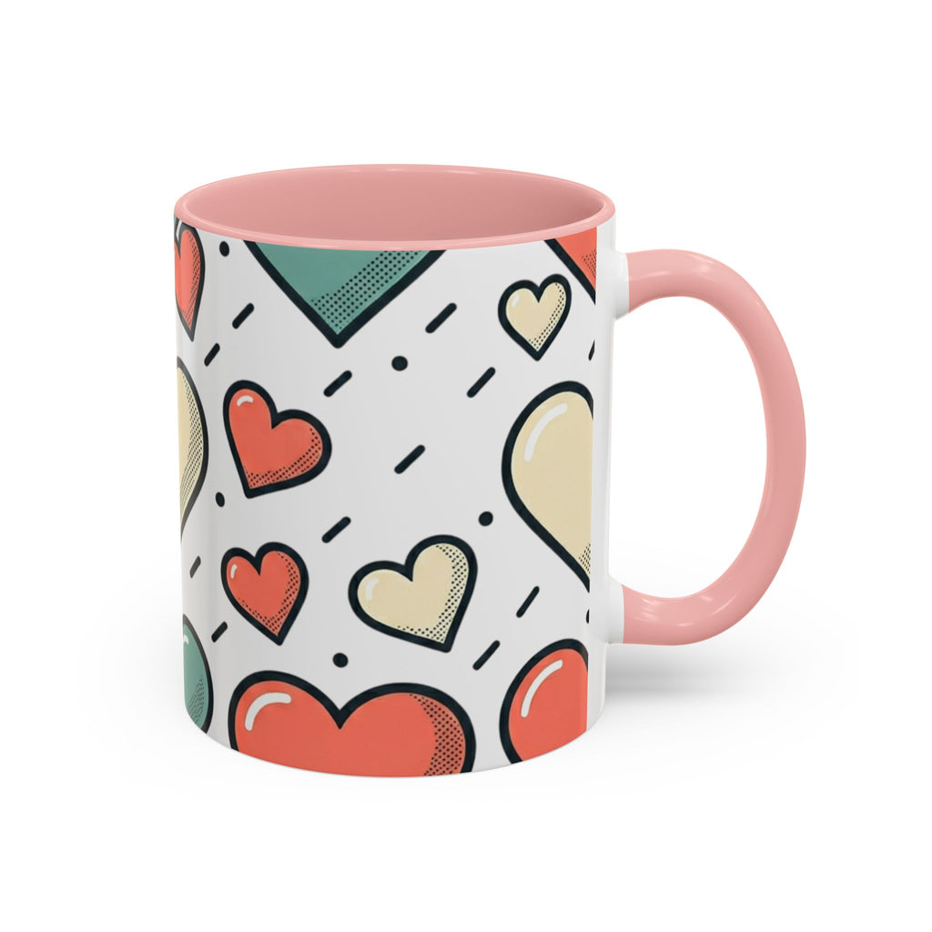 Heart Pattern Accent Coffee Mug — Cute Colorful Hearts Design (11/15 oz)