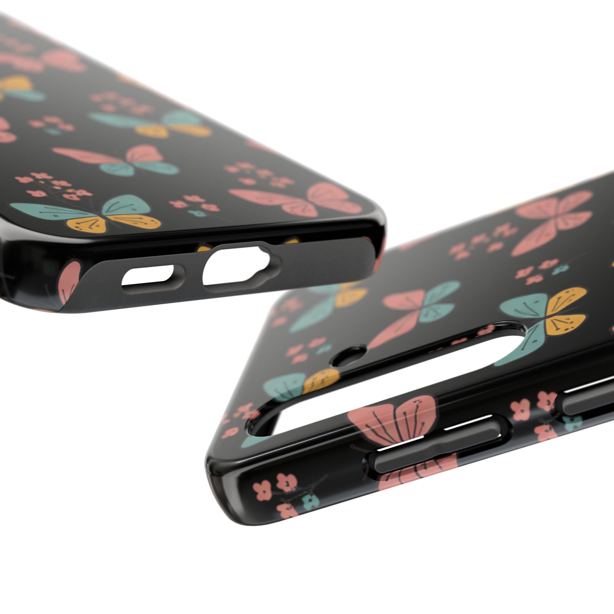 Butterfly Pattern Tough Phone Case — Pastel Butterflies on Black, Protective Floral Phone Cover