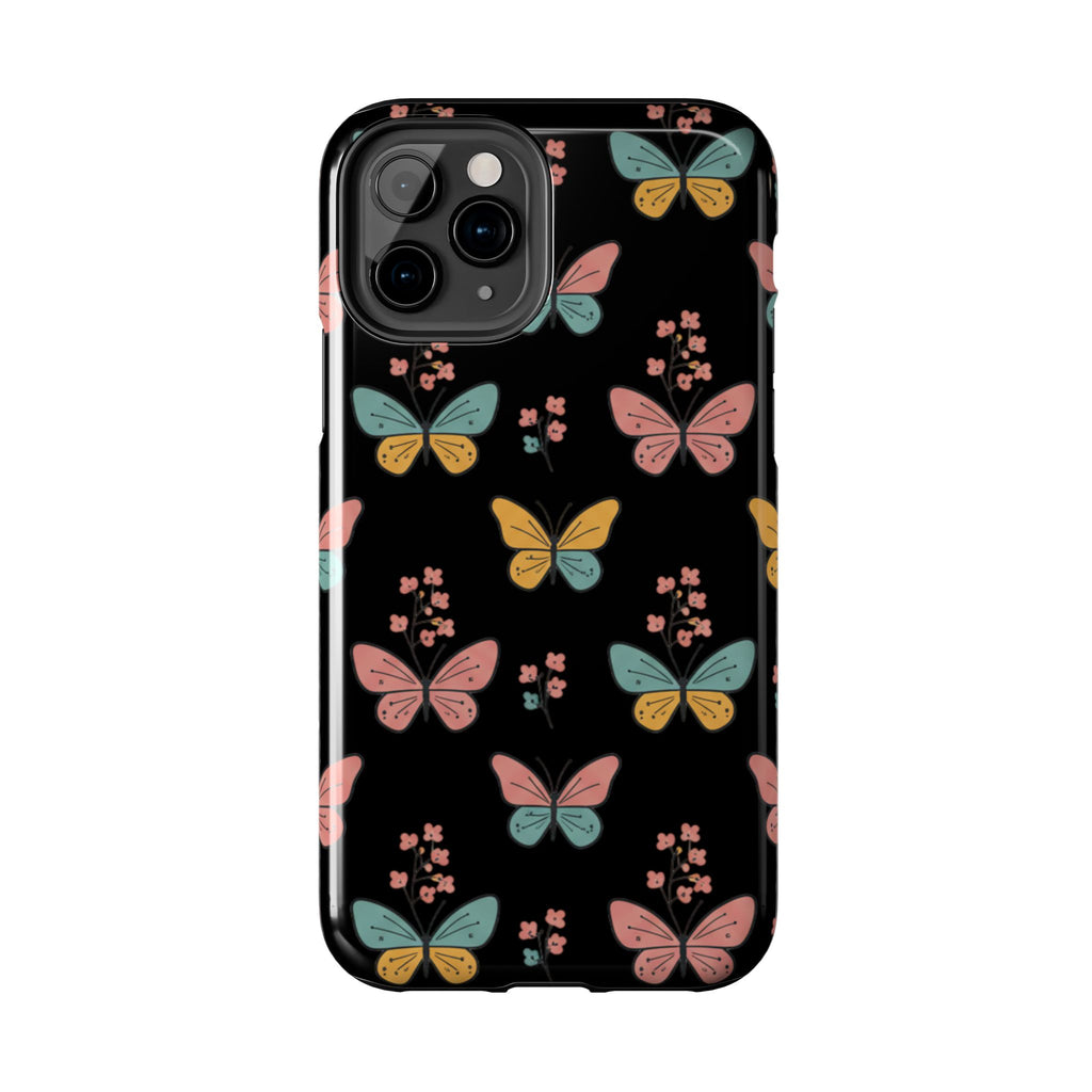 Butterfly Pattern Tough Phone Case — Pastel Butterflies on Black, Protective Floral Phone Cover