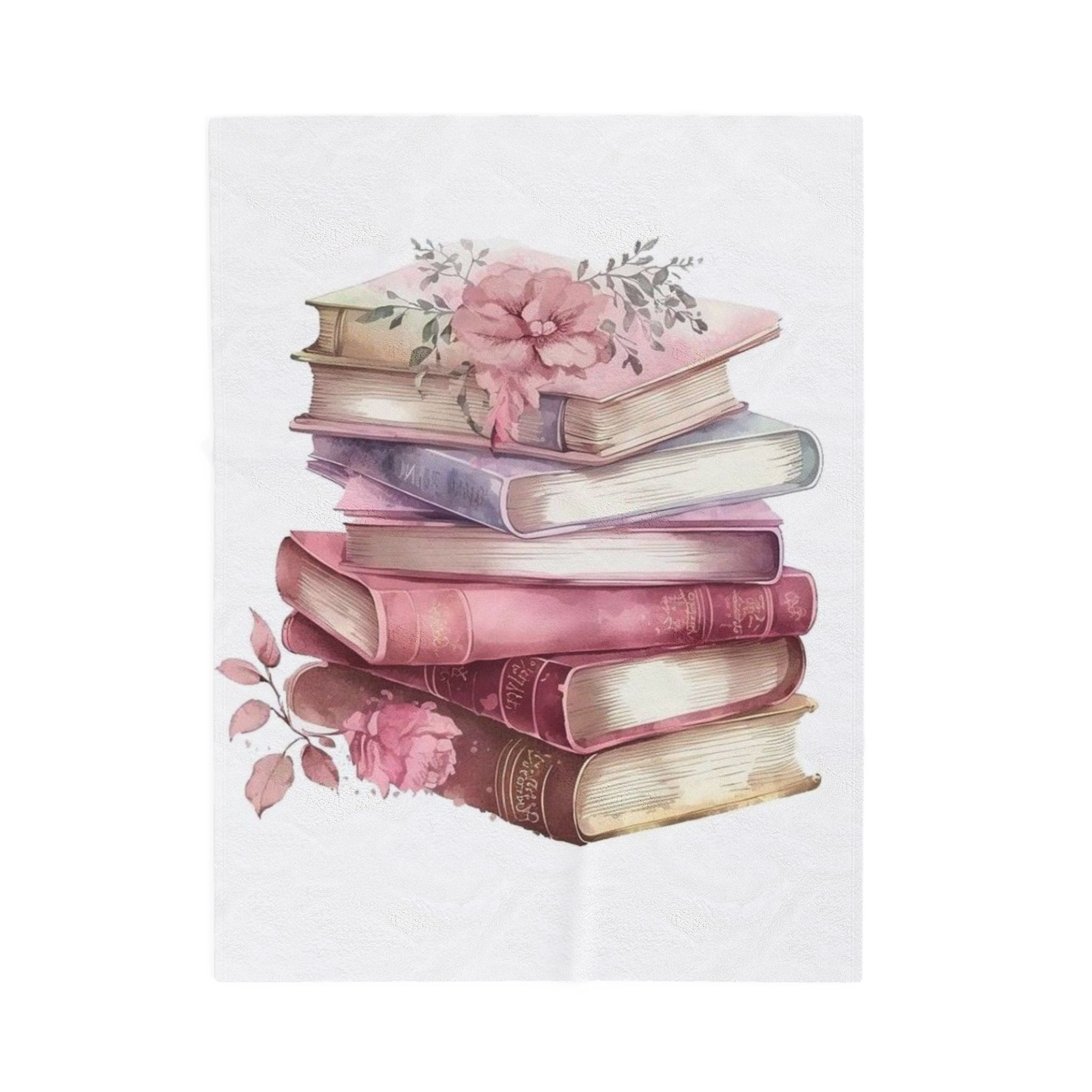Velveteen Plush Blanket — Vintage Stacked Books Floral Throw for Book Lovers