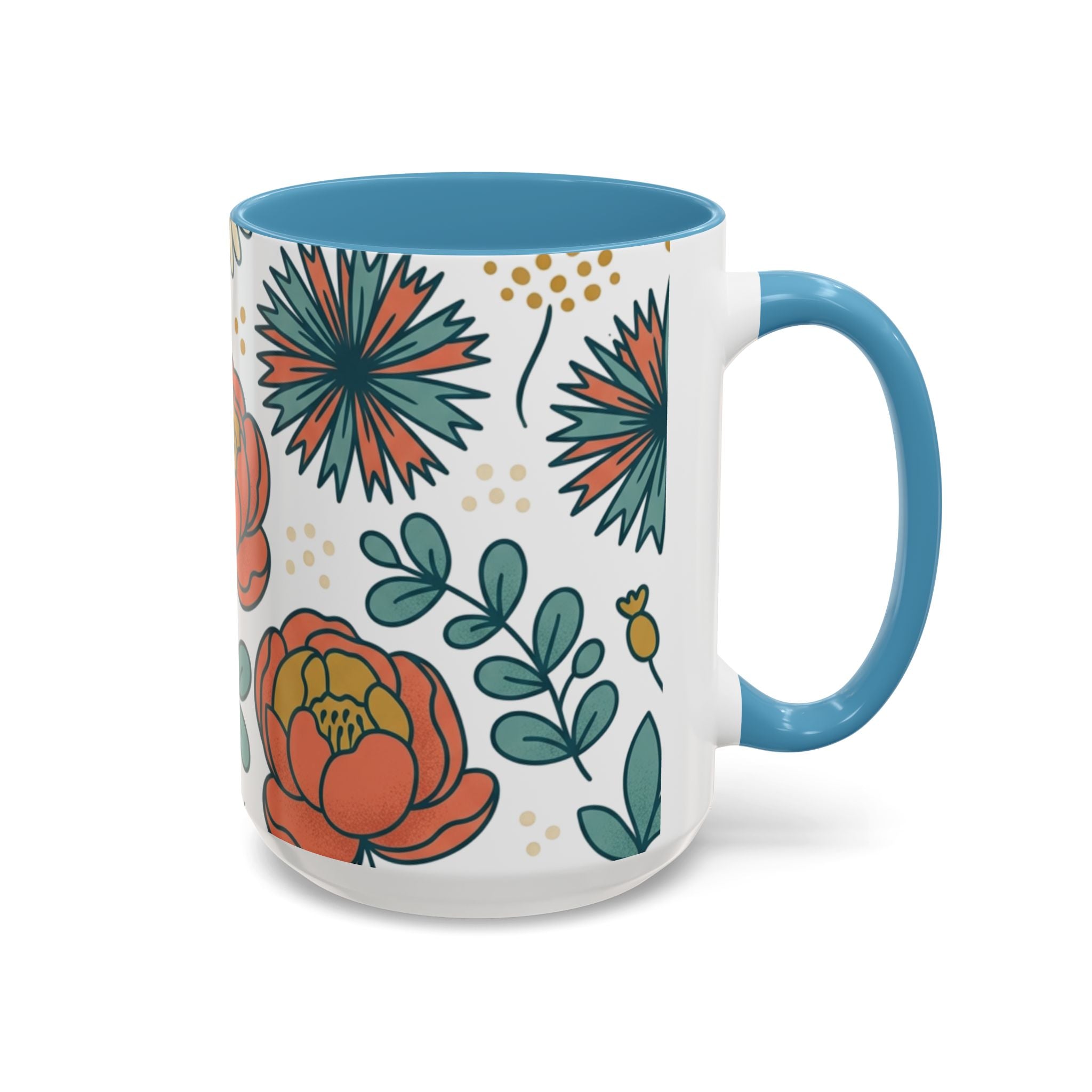 Floral Accent Coffee Mug — Orange Peony Pattern, 11/15oz