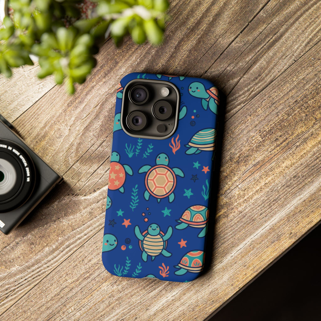 Cute Sea Turtle Phone Case — Protective Tough Case with Blue Ocean Pattern