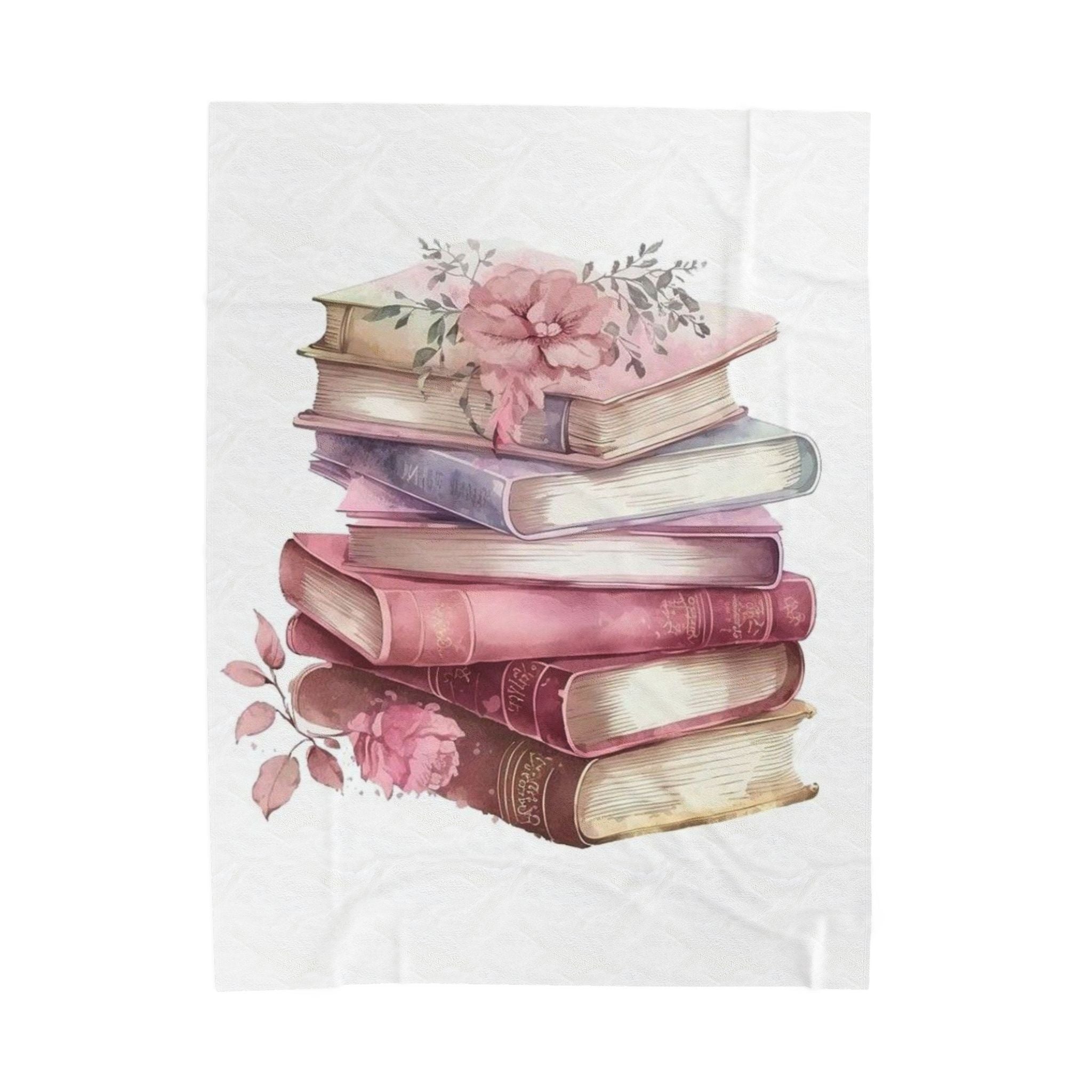 Velveteen Plush Blanket — Vintage Stacked Books Floral Throw for Book Lovers
