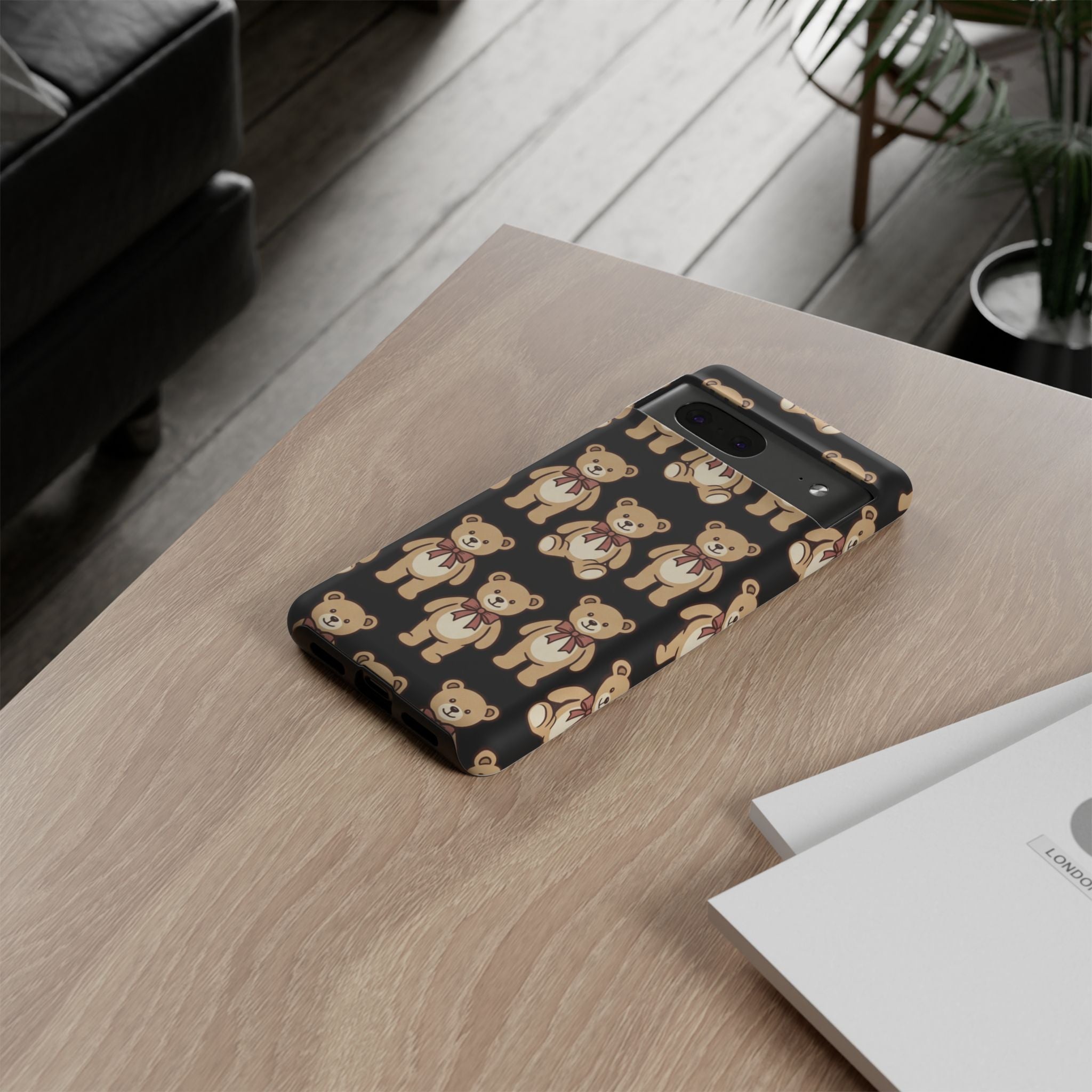 Teddy Bear Pattern Phone Case — Cute Vintage Ribbon Bears on Black