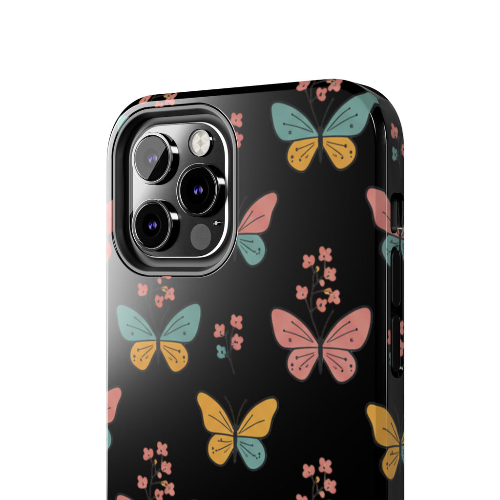 Butterfly Pattern Tough Phone Case — Pastel Butterflies on Black, Protective Floral Phone Cover