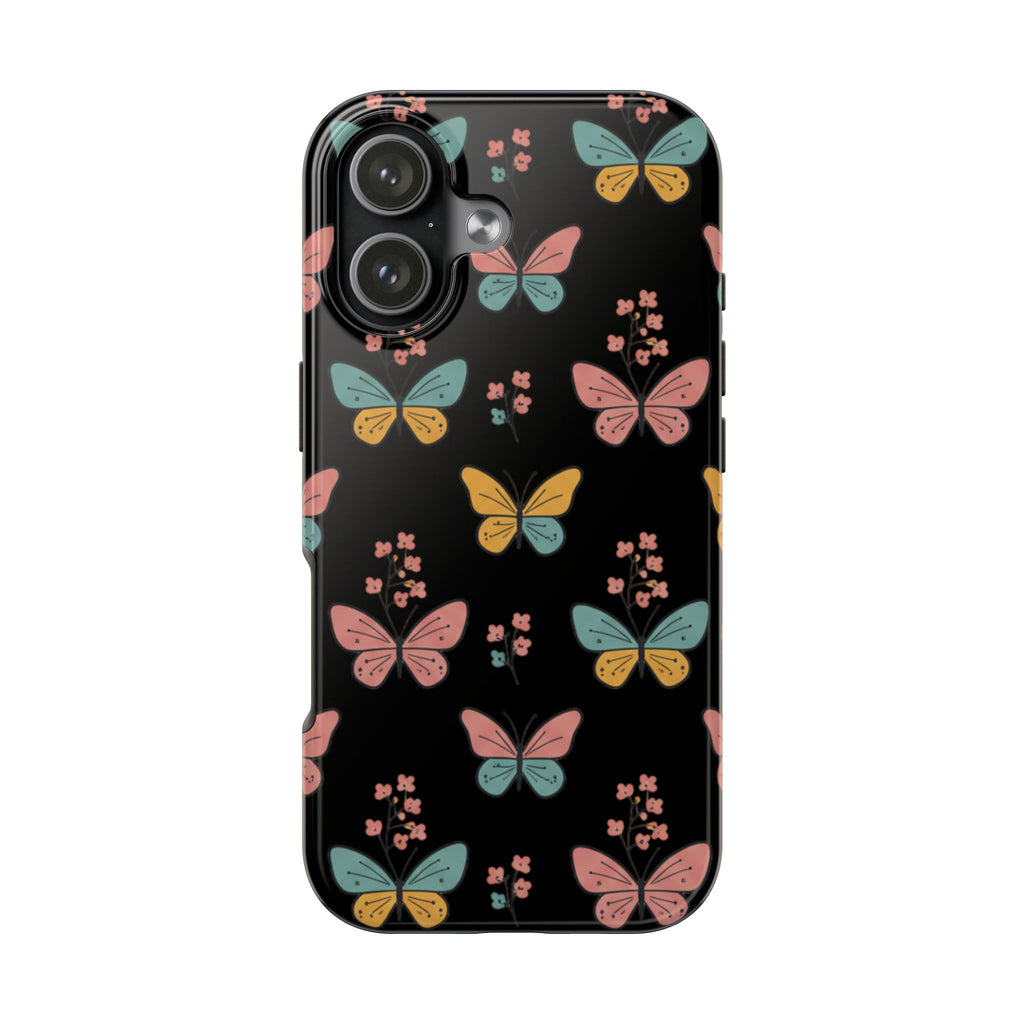 Butterfly Pattern Tough Phone Case — Pastel Butterflies on Black, Protective Floral Phone Cover