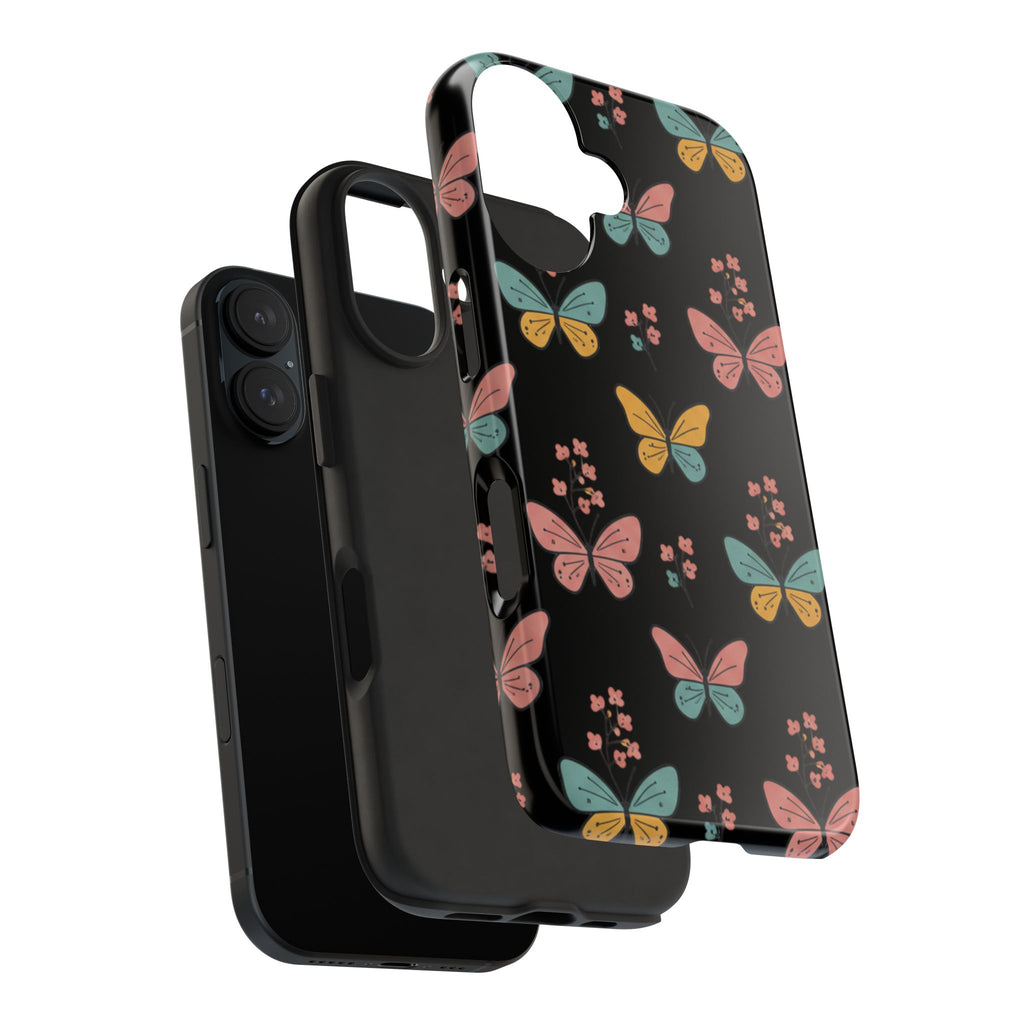 Butterfly Pattern Tough Phone Case — Pastel Butterflies on Black, Protective Floral Phone Cover
