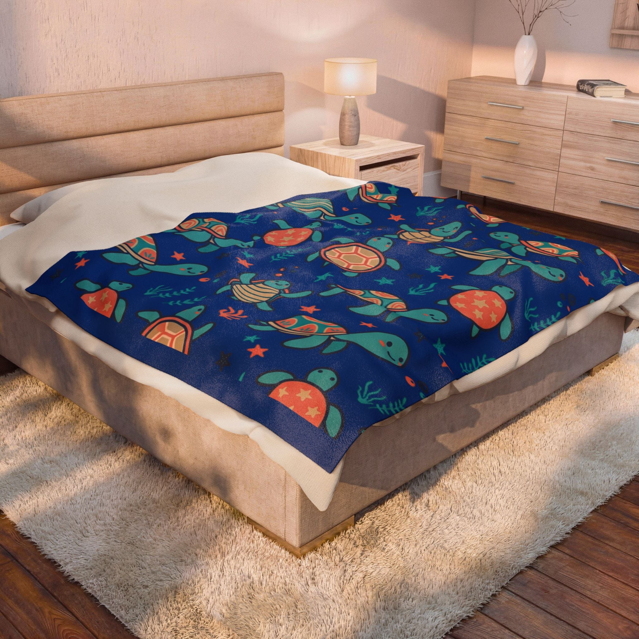 Sea Turtle Velveteen Plush Blanket — Cute Nautical Kids Throw