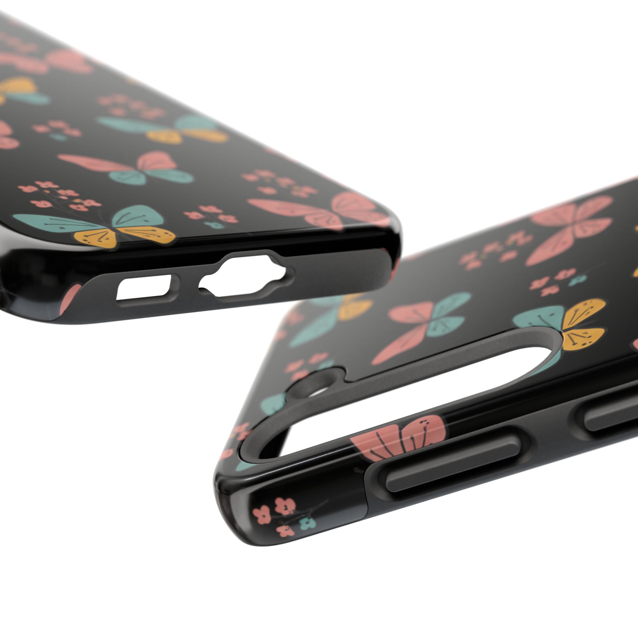 Butterfly Pattern Tough Phone Case — Pastel Butterflies on Black, Protective Floral Phone Cover