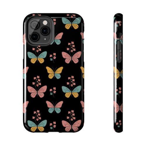 Butterfly Pattern Tough Phone Case — Pastel Butterflies on Black, Protective Floral Phone Cover