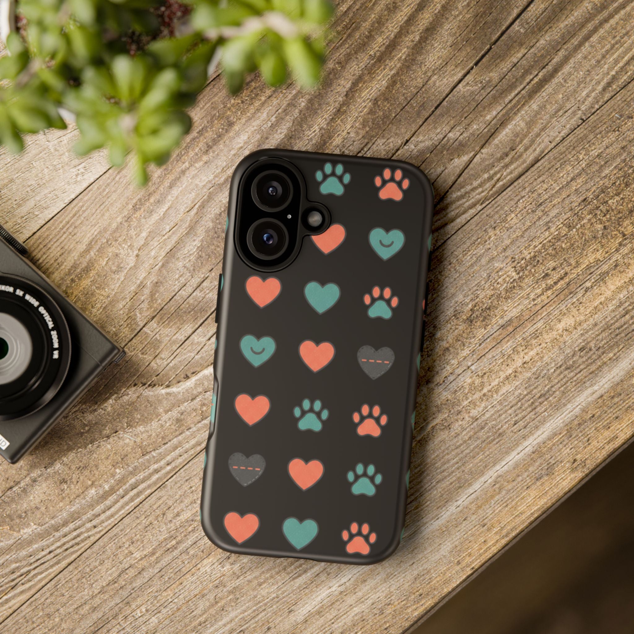 Phone Case — Cute Paw & Heart Pattern (Black Gloss)