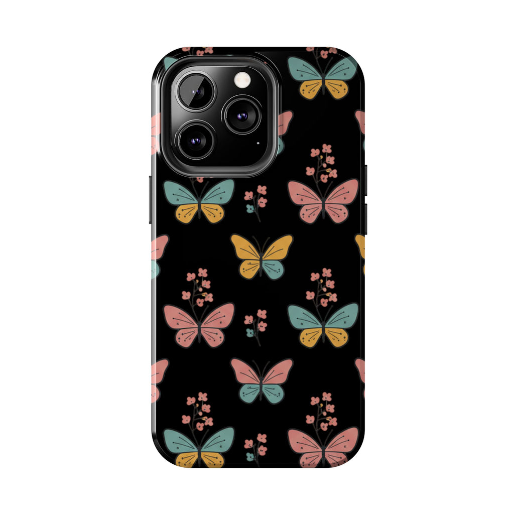 Butterfly Pattern Tough Phone Case — Pastel Butterflies on Black, Protective Floral Phone Cover